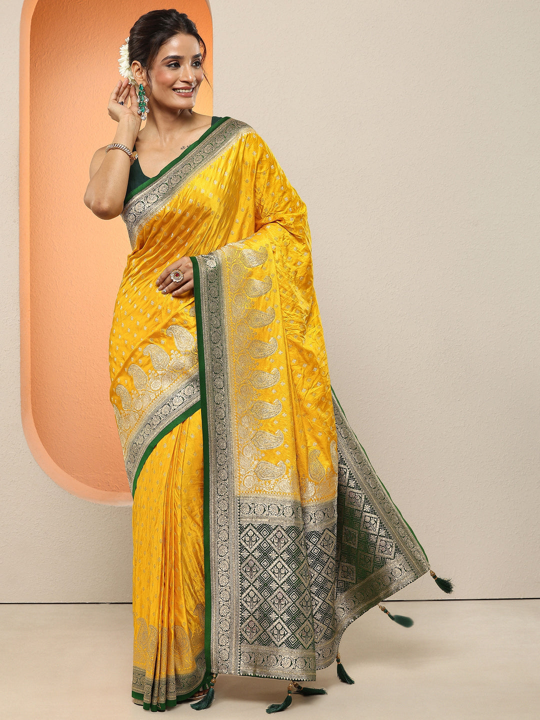  Mustard Paisley Woven Design Sarees With Unstitched Blouse Piece 