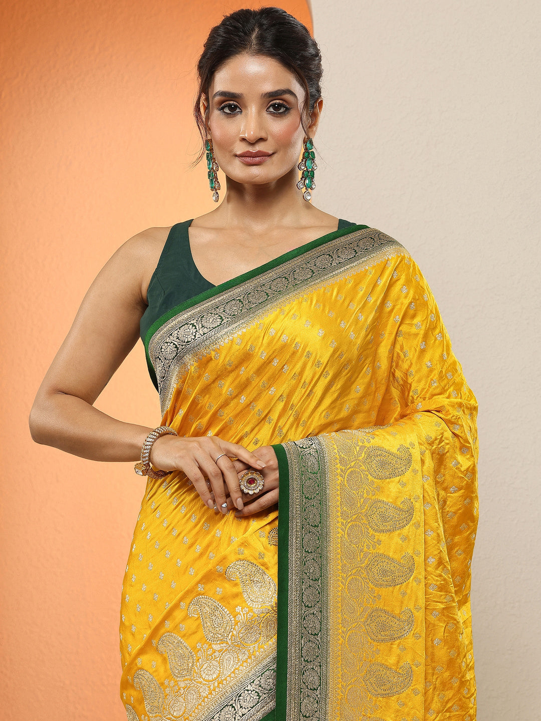  Mustard Paisley Woven Design Sarees With Unstitched Blouse Piece 