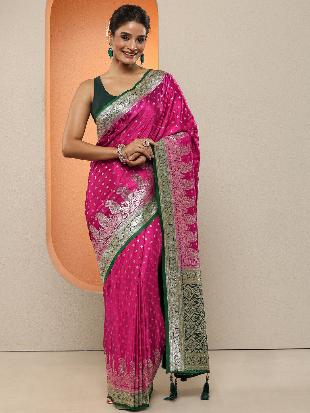  Pink Paisley Woven Design Sarees With Unstitched Blouse Piece 