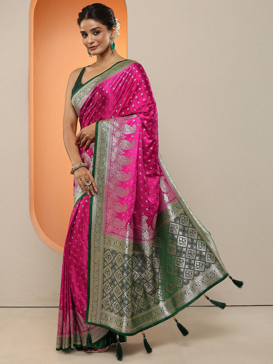  Pink Paisley Woven Design Sarees With Unstitched Blouse Piece 