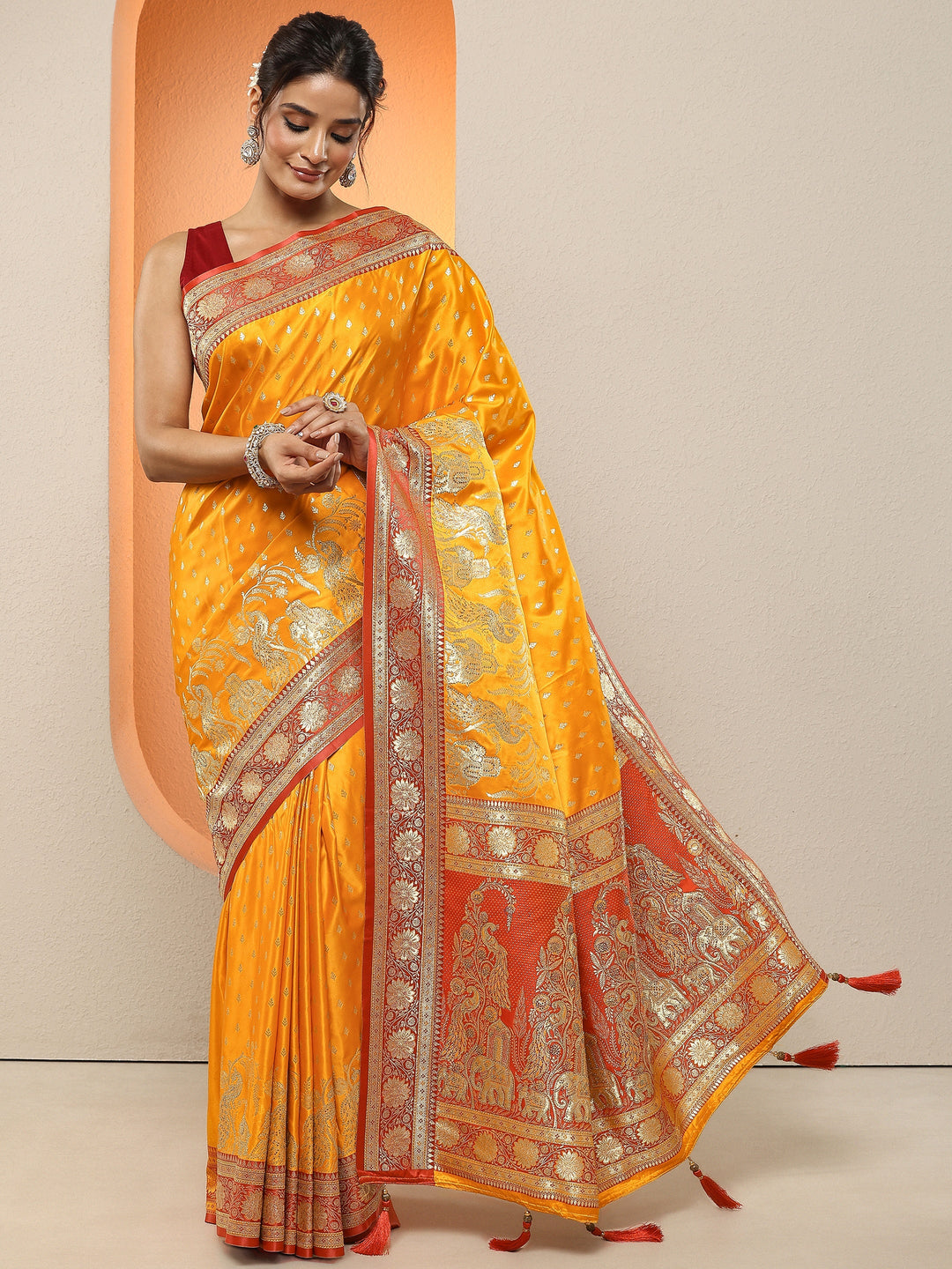  Mustard Woven Design Silk Blend Sarees With Unstitched Blouse Piece 