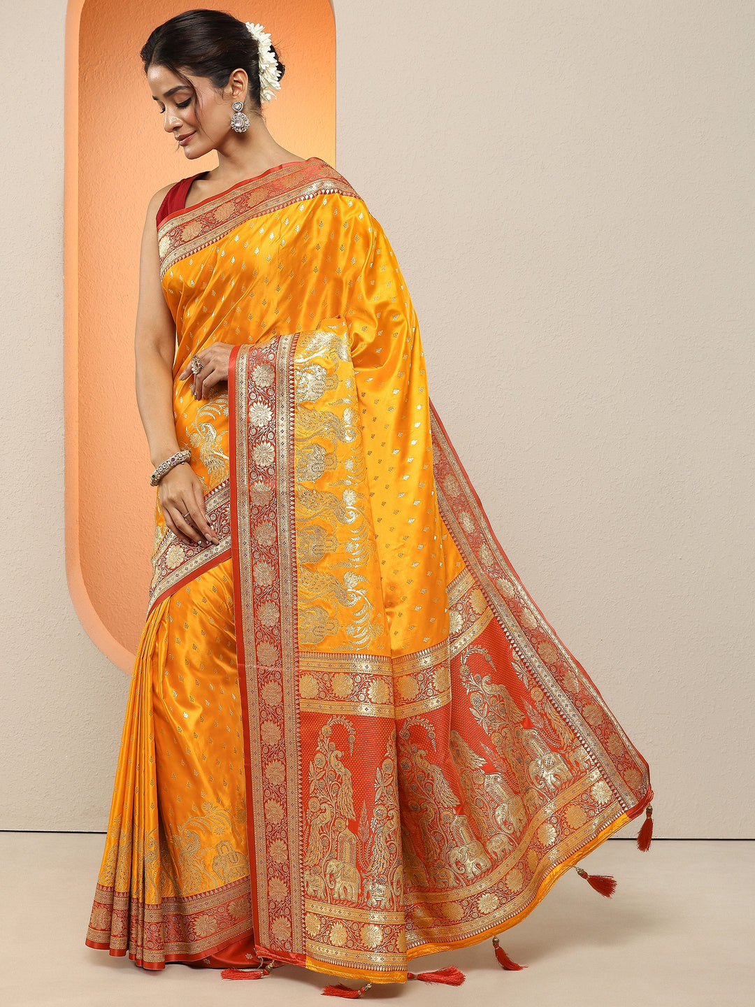  Mustard Woven Design Silk Blend Sarees With Unstitched Blouse Piece 