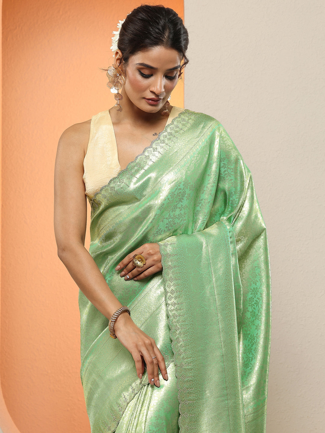 Green Woven Design Silk Blend Sarees With Unstitched Blouse Piece 