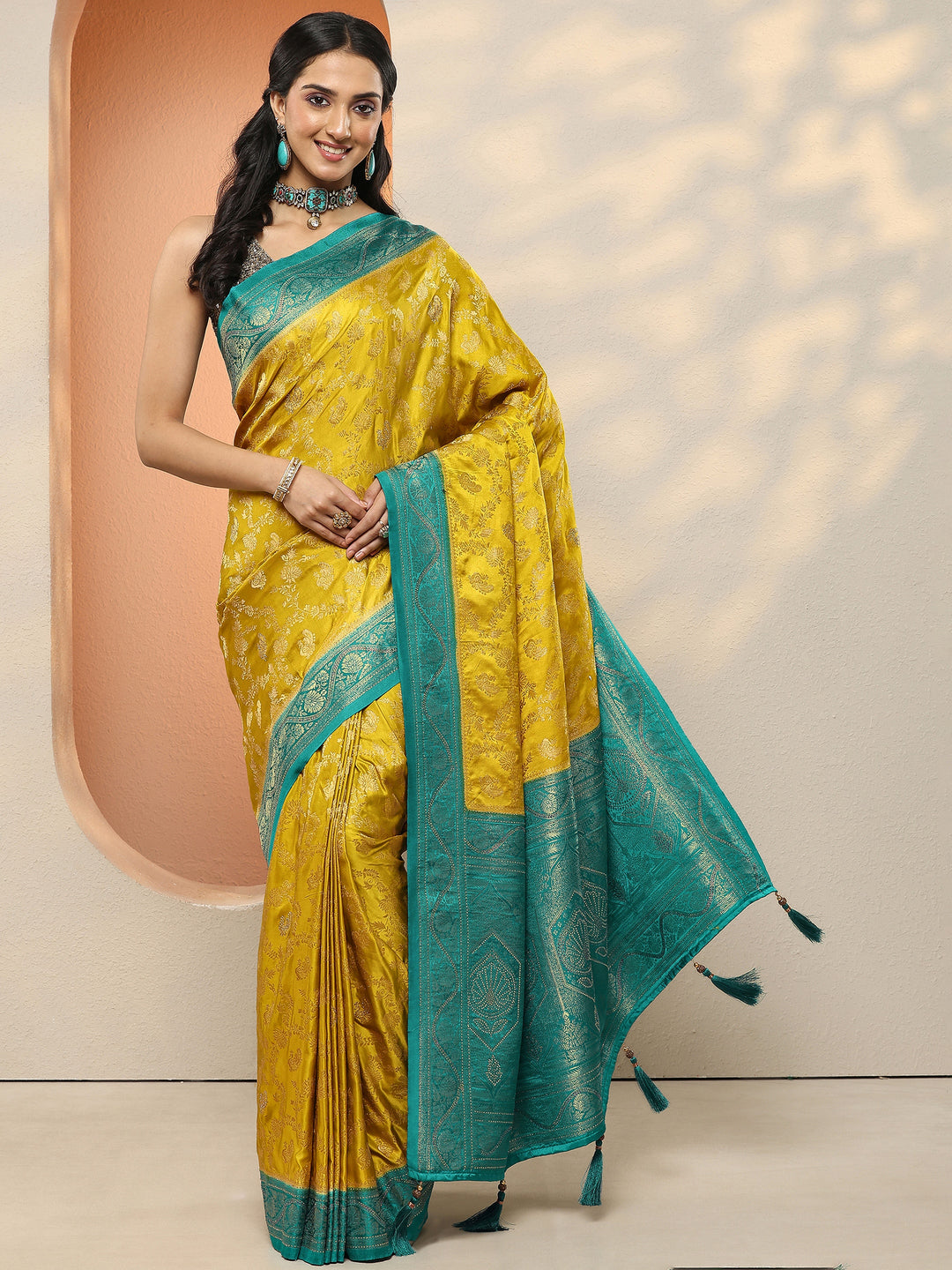  Lime Green Woven Design Silk Blend Sarees With Unstitched Blouse Piece 