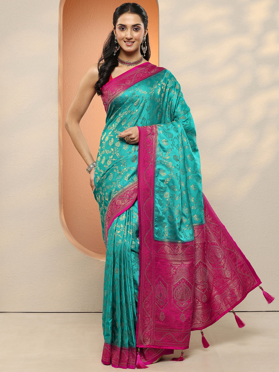  Green Woven Design Silk Blend Sarees With Unstitched Blouse Piece 