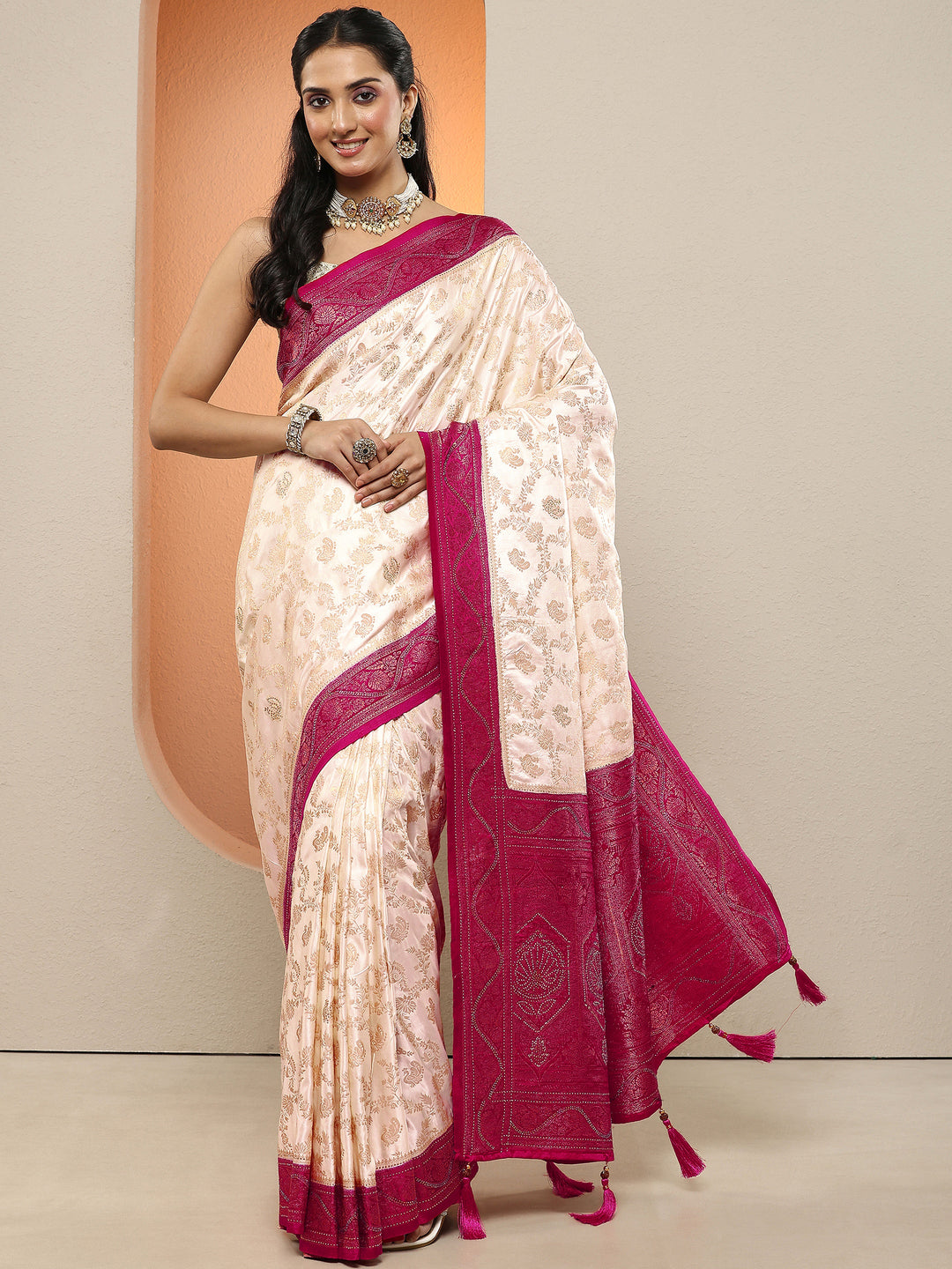  Cream Woven Design Silk Blend Sarees With Unstitched Blouse Piece 