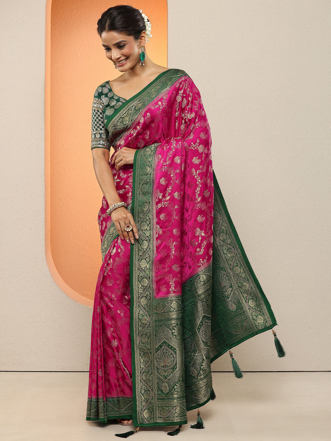  Pink Woven Design Silk Blend Sarees With Unstitched Blouse Piece 