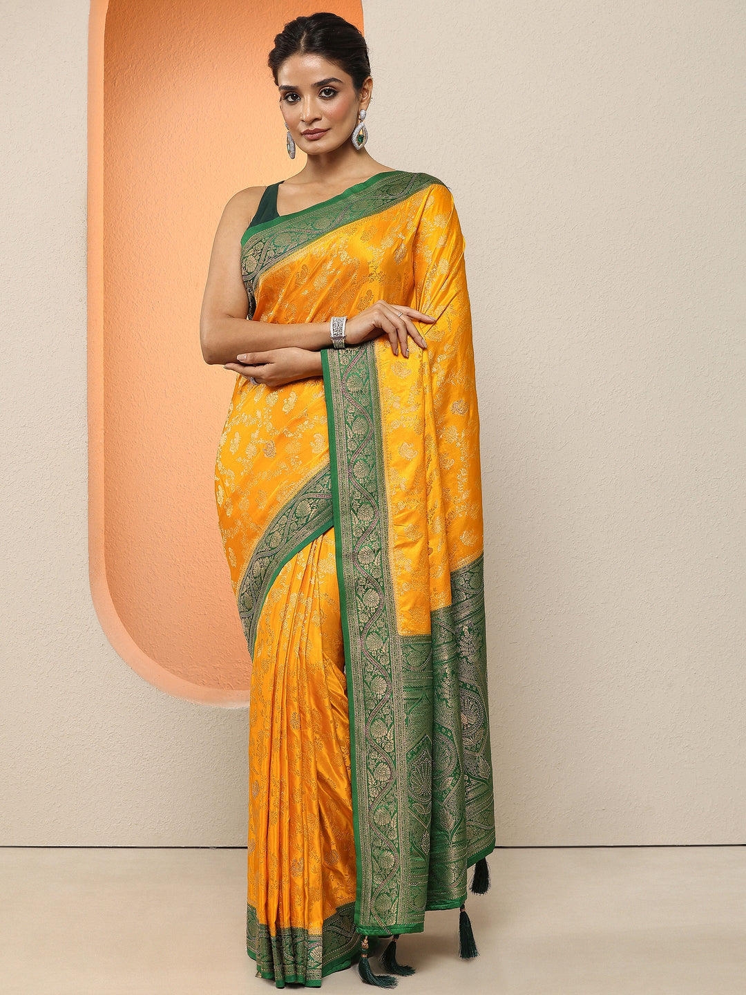  Yellow  Woven Design Silk Blend Sarees With Unstitched Blouse Piece 