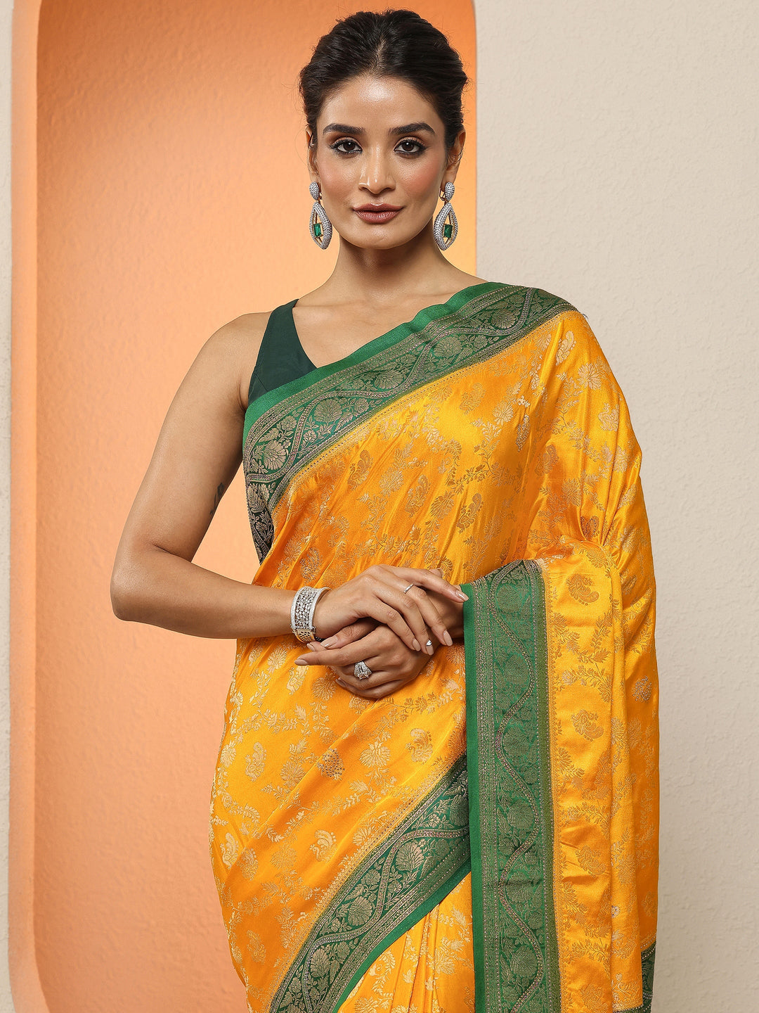  Yellow  Woven Design Silk Blend Sarees With Unstitched Blouse Piece 