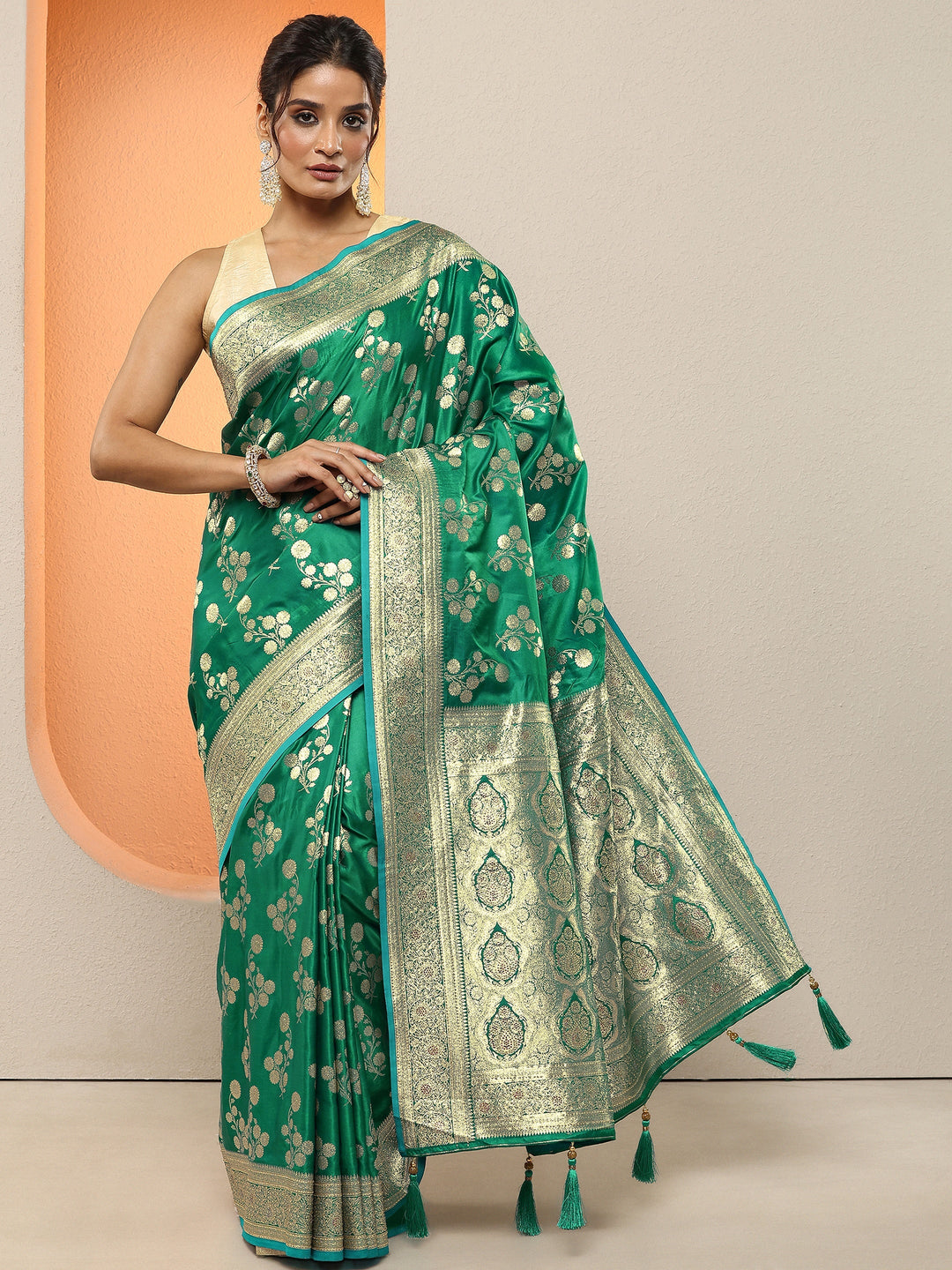  Green Woven Design Silk Blend Sarees With Unstitched Blouse Piece 