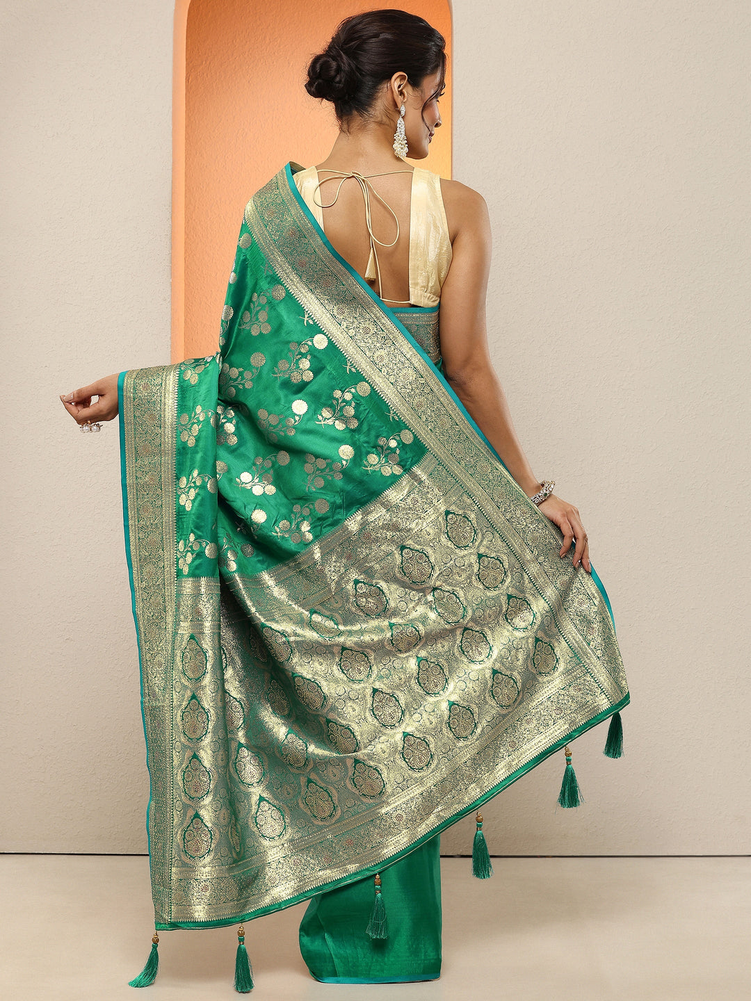  Green Woven Design Silk Blend Sarees With Unstitched Blouse Piece 