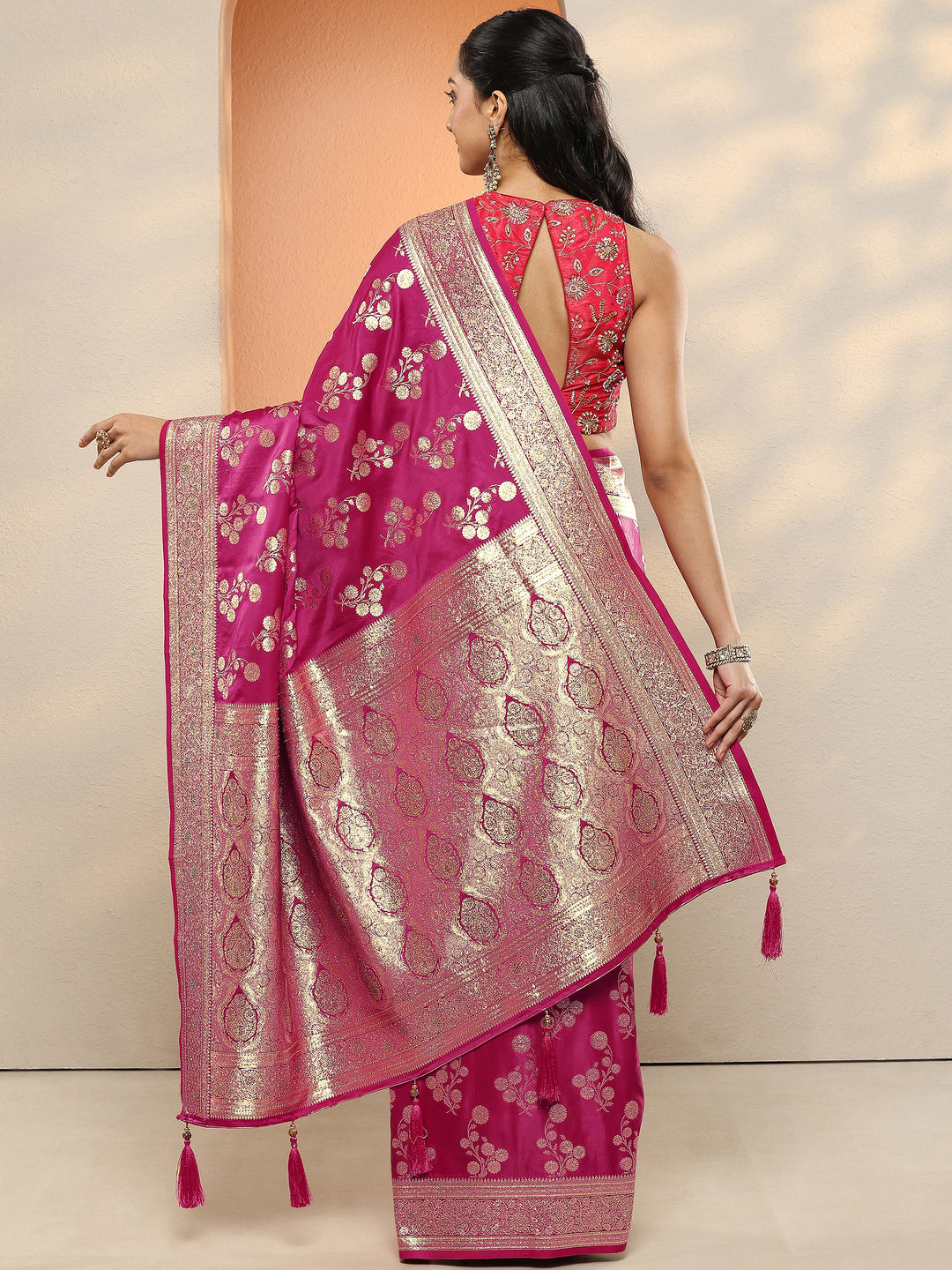 Pink Woven Design Silk Blend Sarees With Unstitched Blouse Piece 