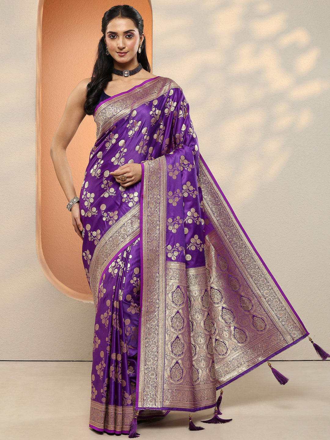  Purple Woven Design Silk Blend Sarees With Unstitched Blouse Piece 