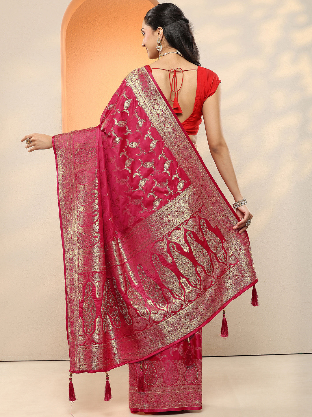  Red Woven Design Silk Blend Sarees With Unstitched Blouse Piece 