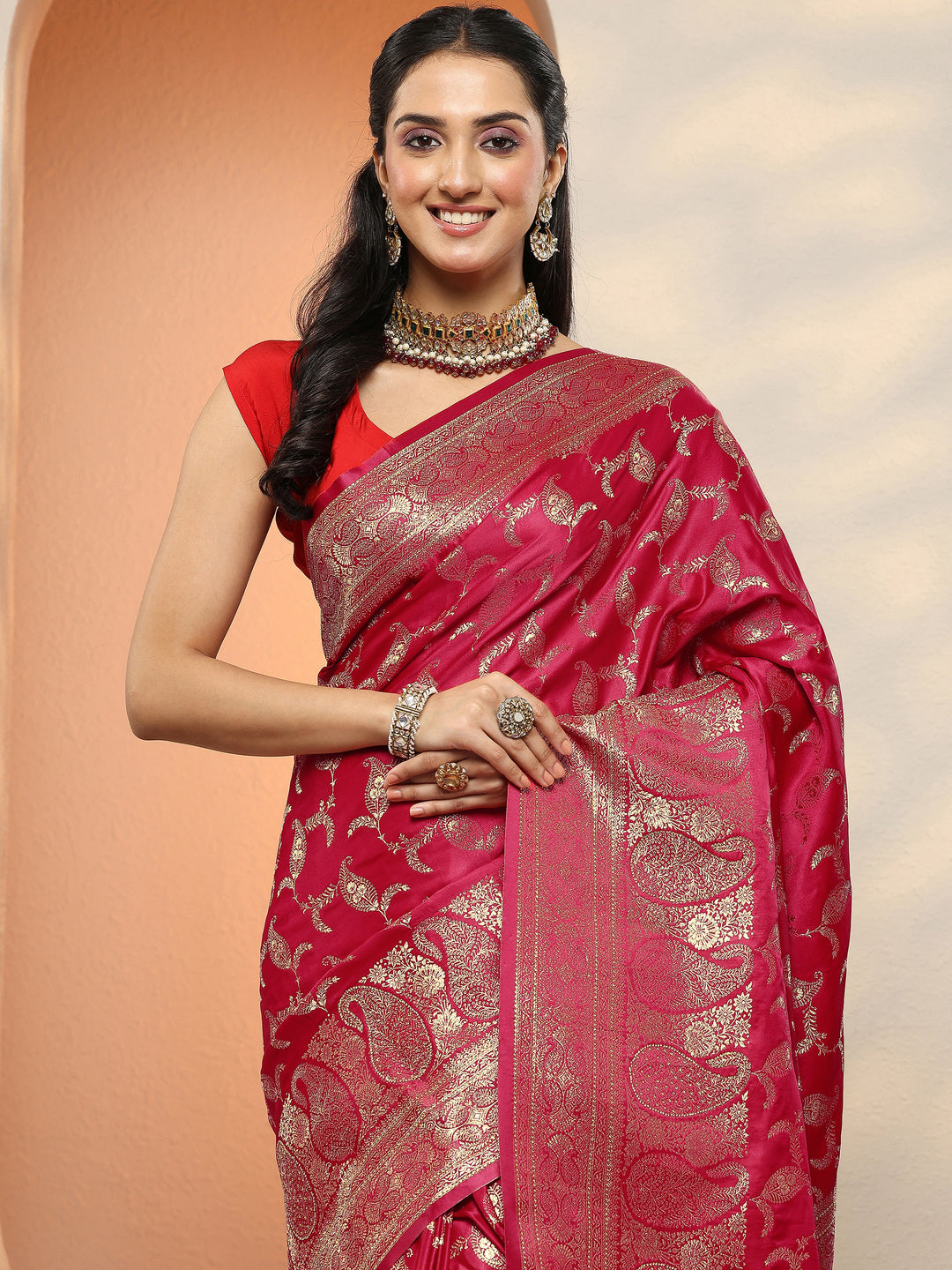  Red Woven Design Silk Blend Sarees With Unstitched Blouse Piece 