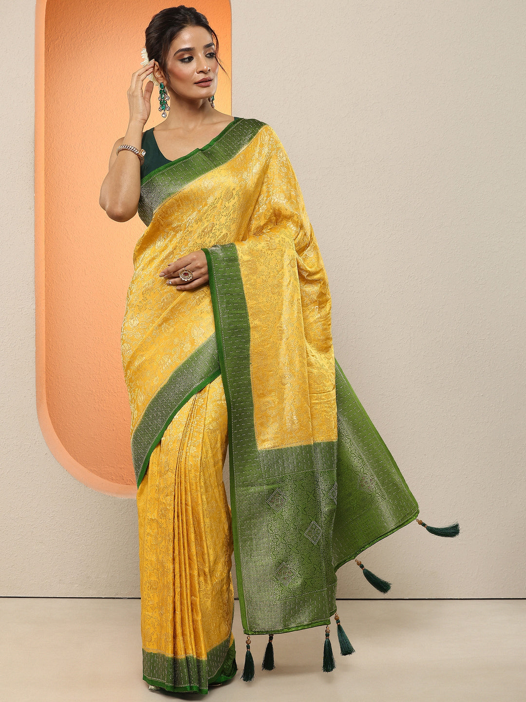  Mustard Woven Design Silk Blend Sarees With Unstitched Blouse Piece 
