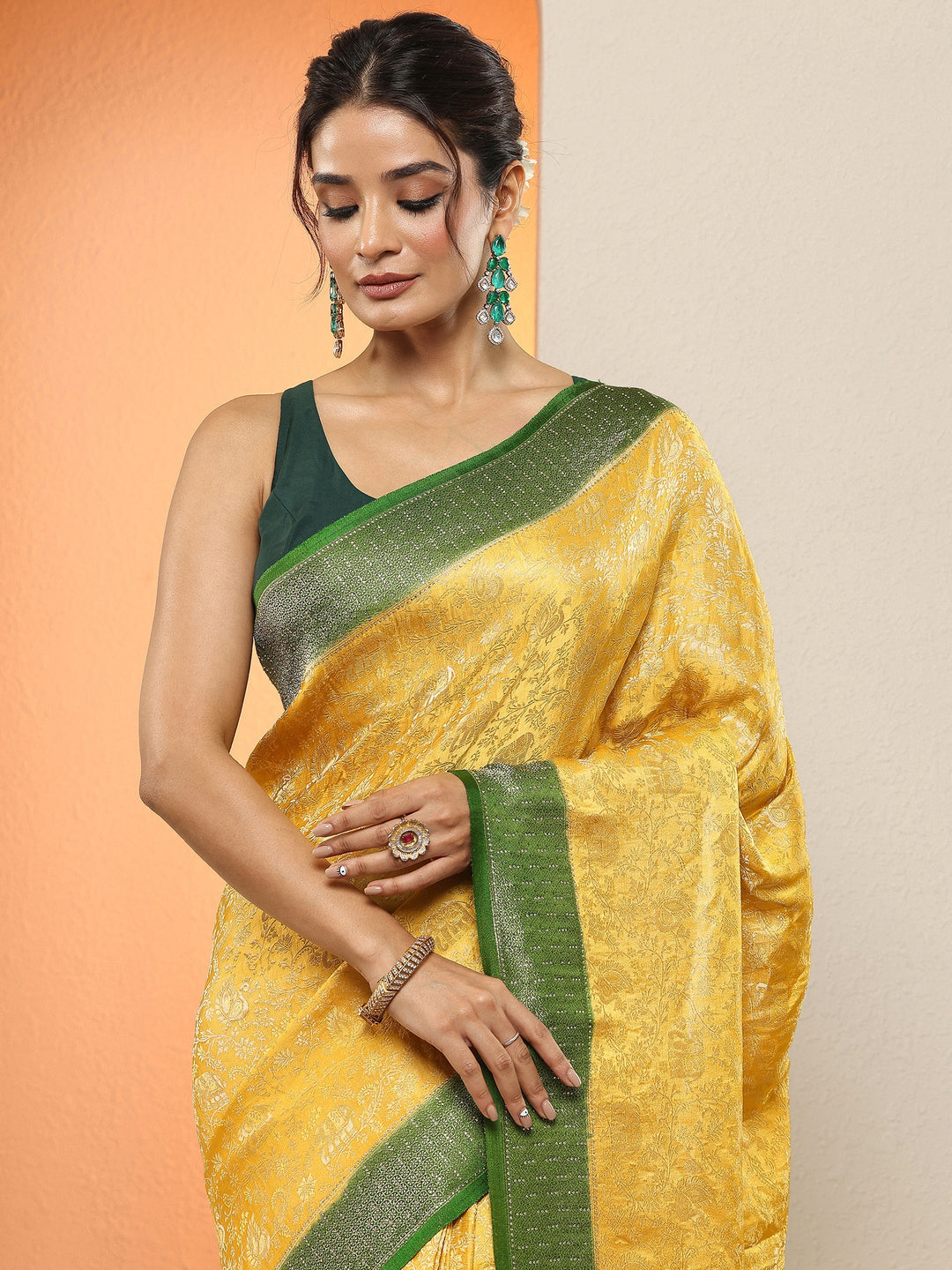  Mustard Woven Design Silk Blend Sarees With Unstitched Blouse Piece 