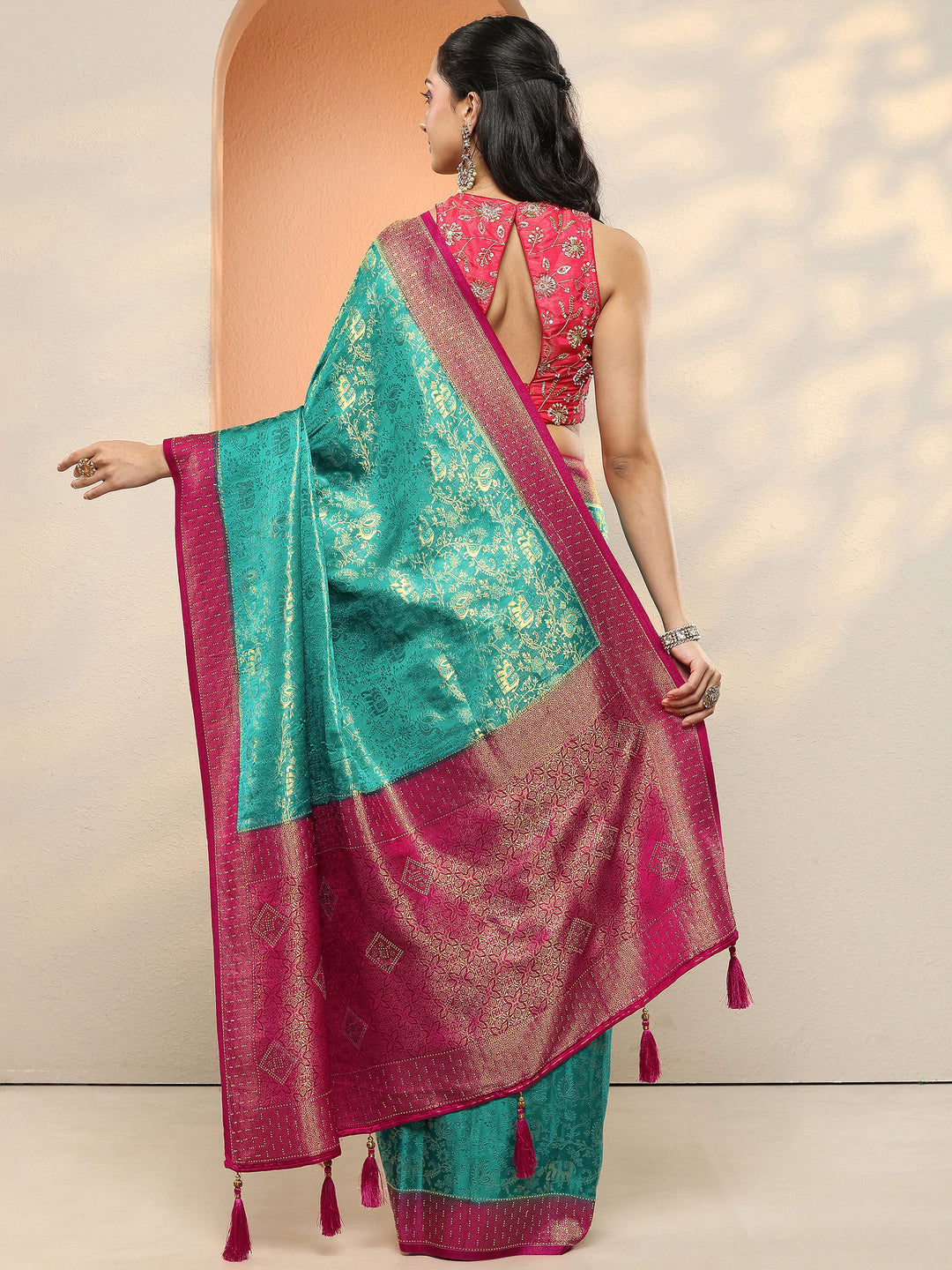  Green Woven Design Silk Blend Sarees With Unstitched Blouse Piece 