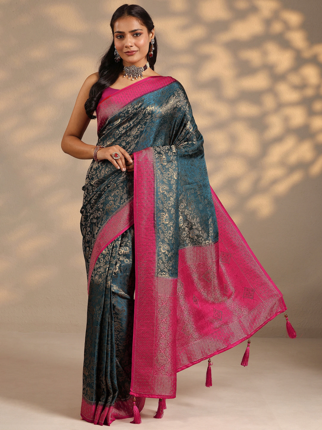  Teal Woven Design Silk Blend Saree With Unstitched Blouse Piece 