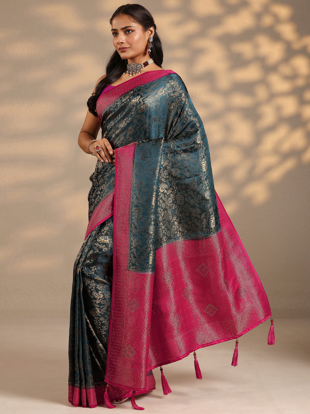  Teal Woven Design Silk Blend Saree With Unstitched Blouse Piece 