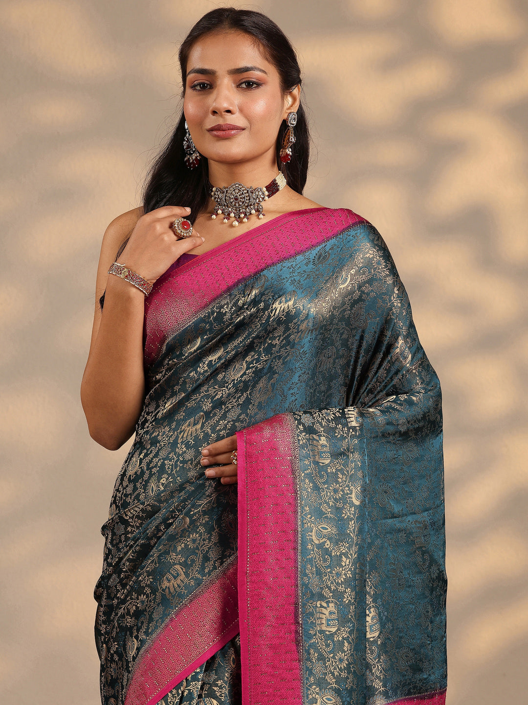  Teal Woven Design Silk Blend Saree With Unstitched Blouse Piece 