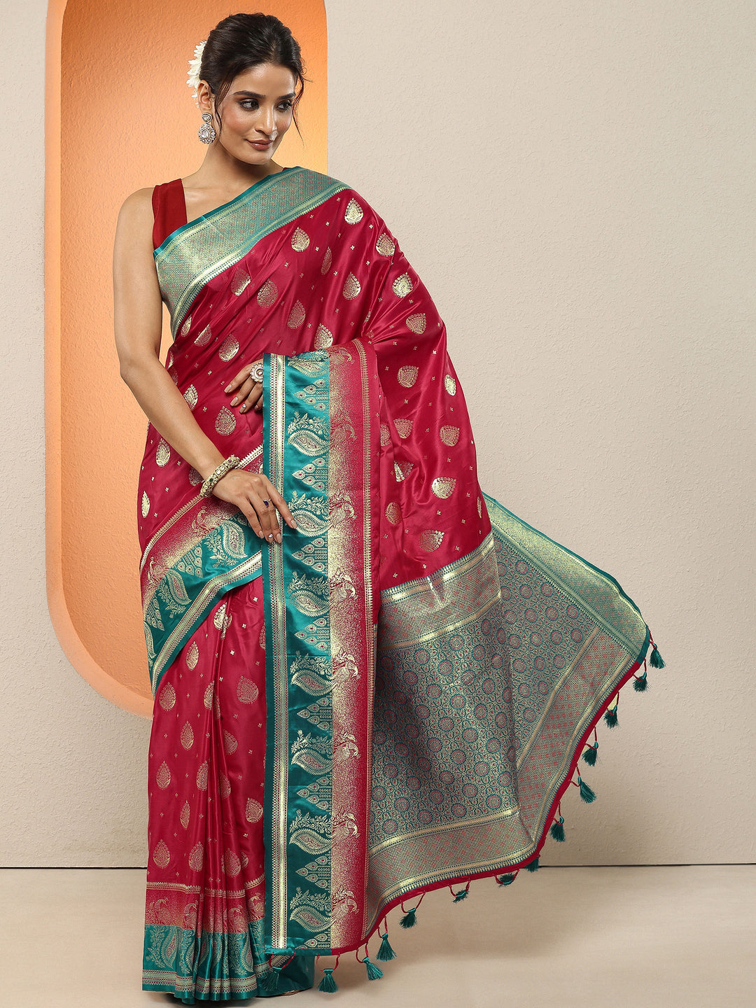  Red Woven Design Silk Blend Sarees With Unstitched Blouse Piece 