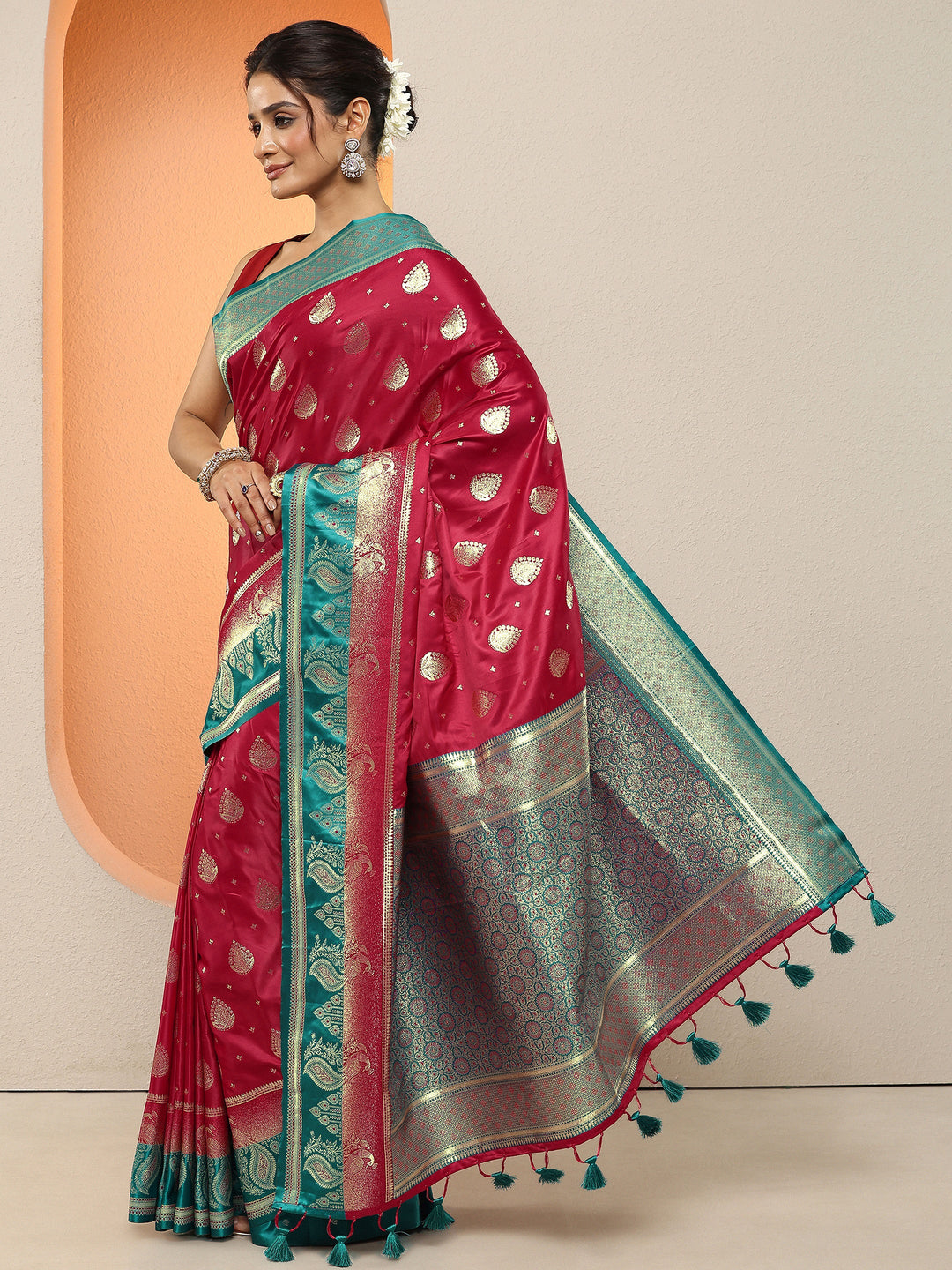  Red Woven Design Silk Blend Sarees With Unstitched Blouse Piece 