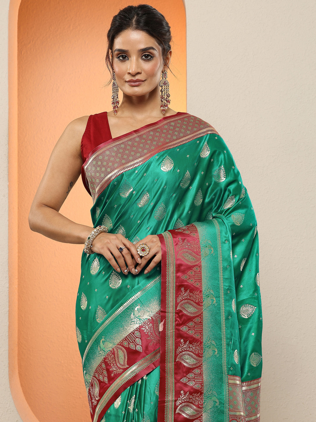  Green Woven Design Silk Blend Sarees With Unstitched Blouse Piece 