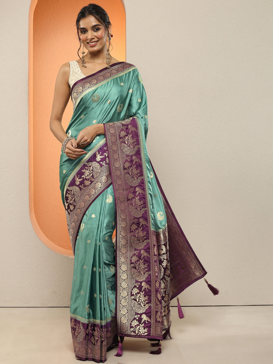  Green Woven Design Silk Blend Sarees With Unstitched Blouse Piece 