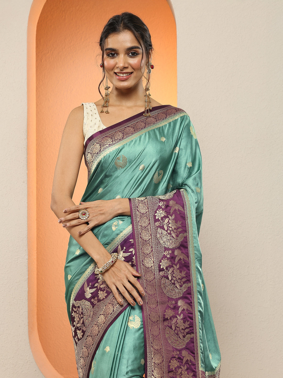  Green Woven Design Silk Blend Sarees With Unstitched Blouse Piece 