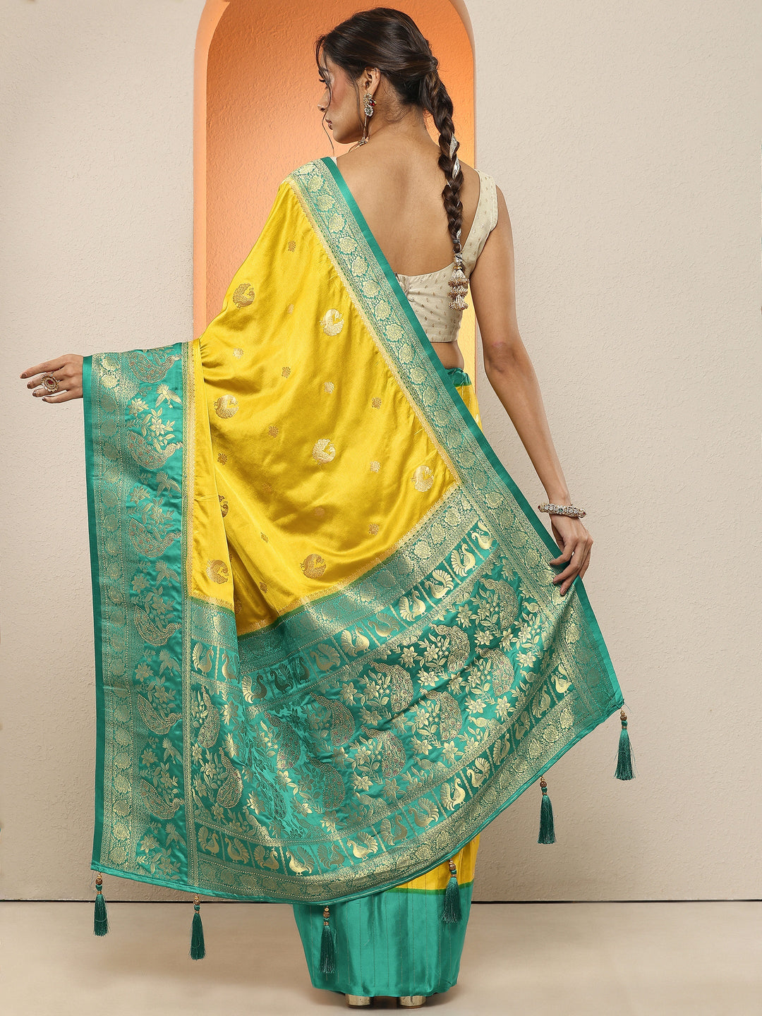  Mustard Woven Design Silk Blend Sarees With Unstitched Blouse Piece 