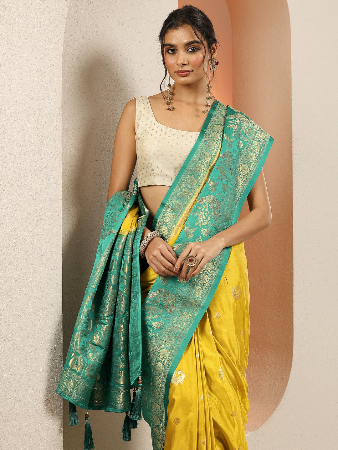  Mustard Woven Design Silk Blend Sarees With Unstitched Blouse Piece 
