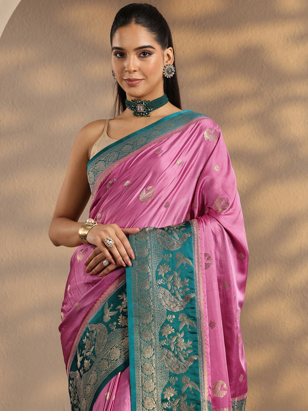  Pink Woven Design Silk Blend Banarasi Saree With Unstitched Blouse Piece 