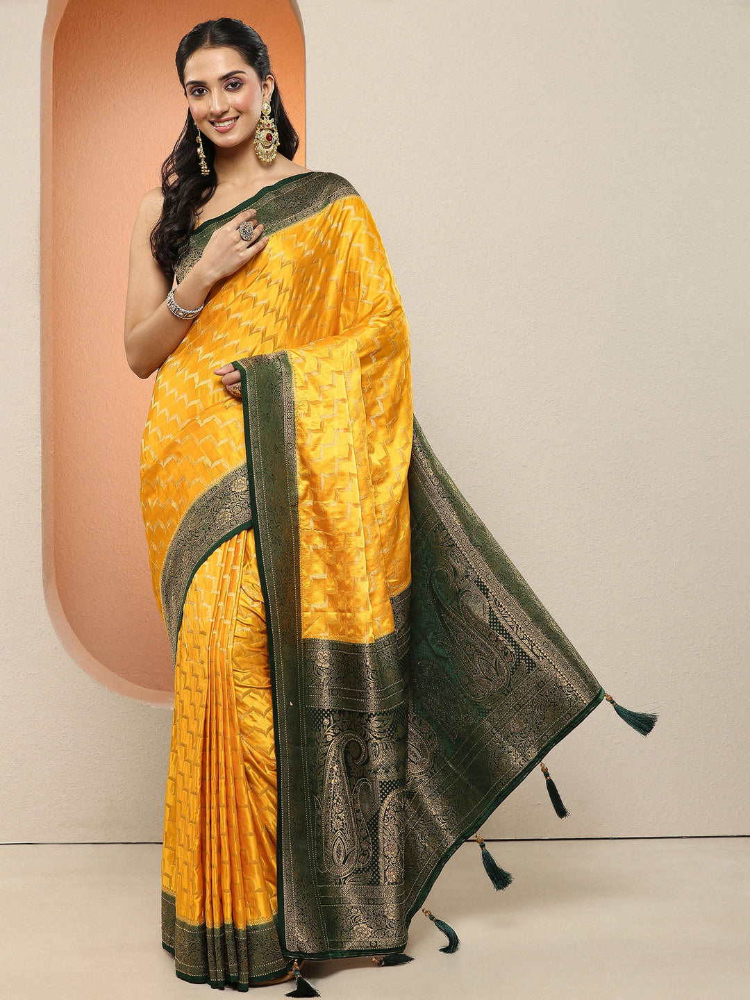  Mustard Leheriya Woven Design Sarees With Unstitched Blouse Piece 