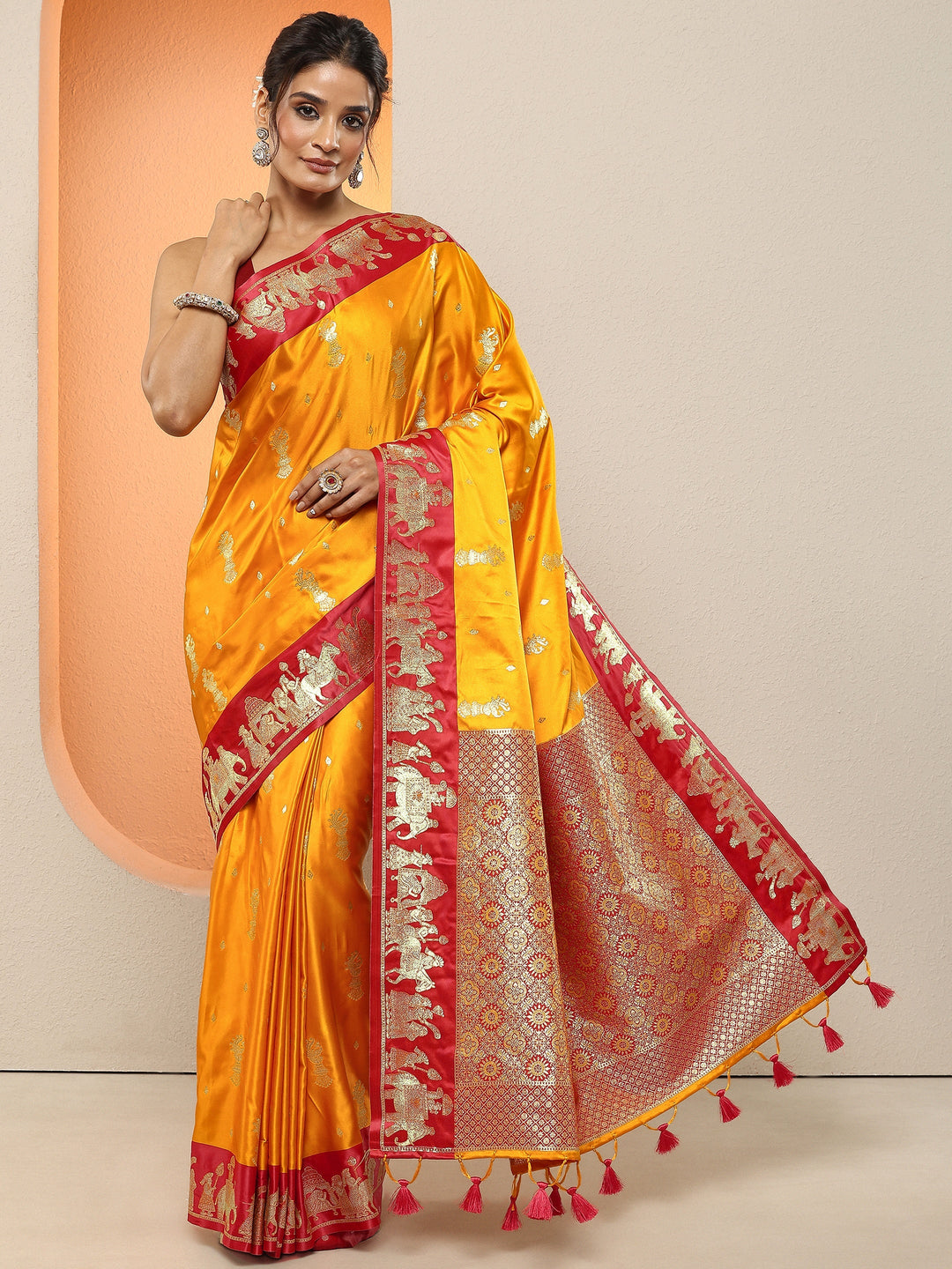  Mustard Woven Design Silk Blend Sarees With Unstitched Blouse Piece 