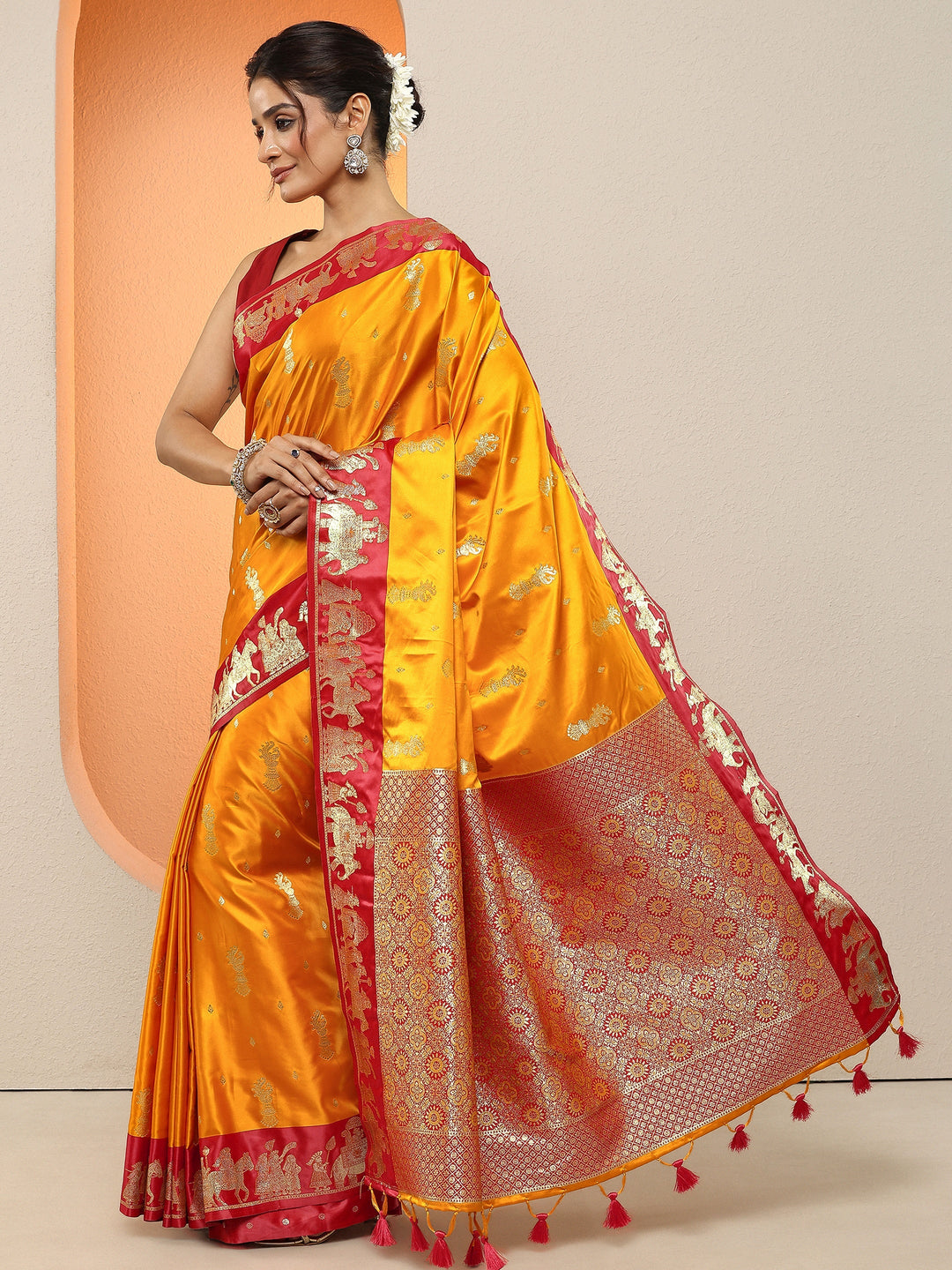  Mustard Woven Design Silk Blend Sarees With Unstitched Blouse Piece 