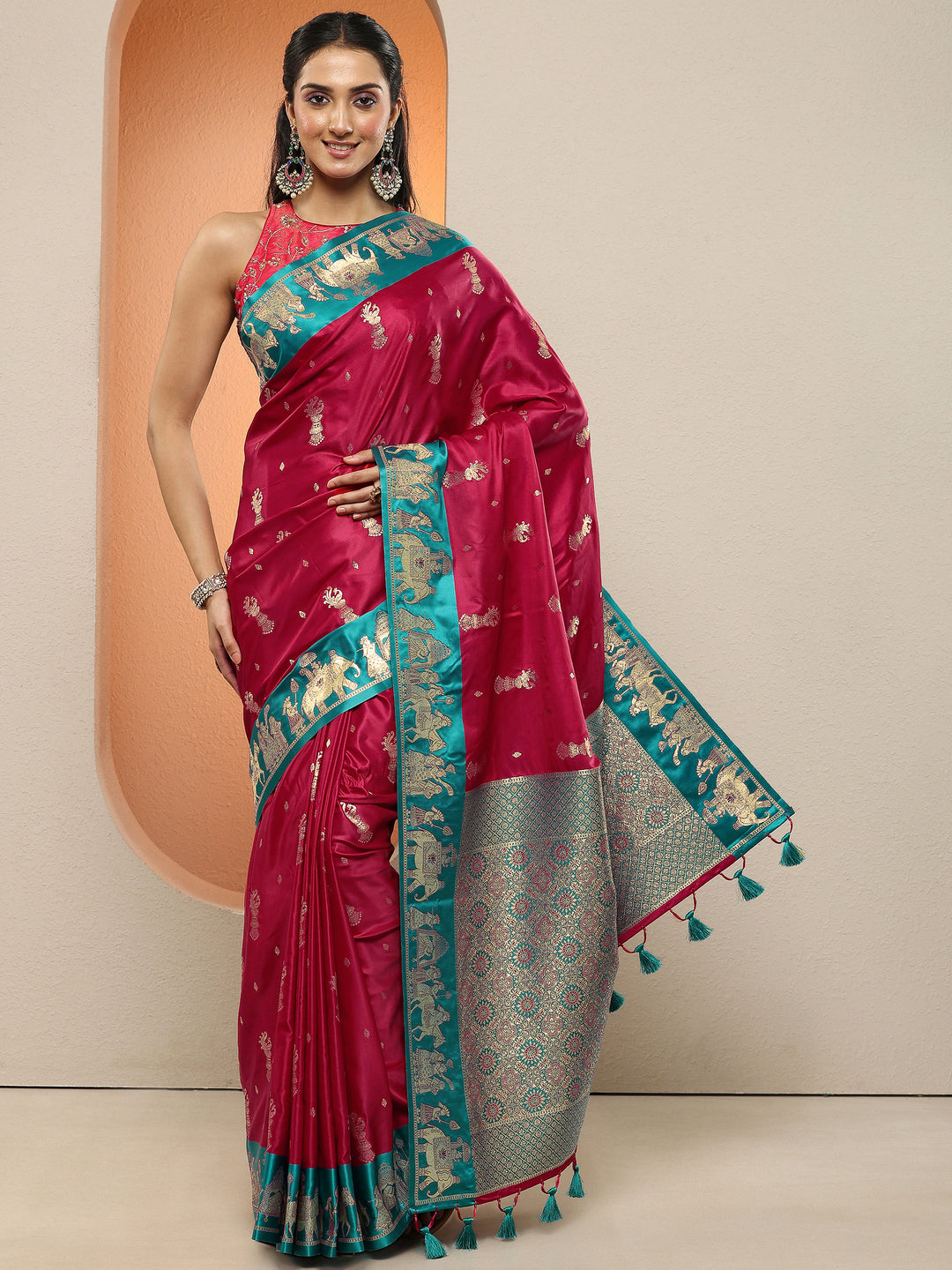  Red Woven Design Silk Blend Sarees With Unstitched Blouse Piece 