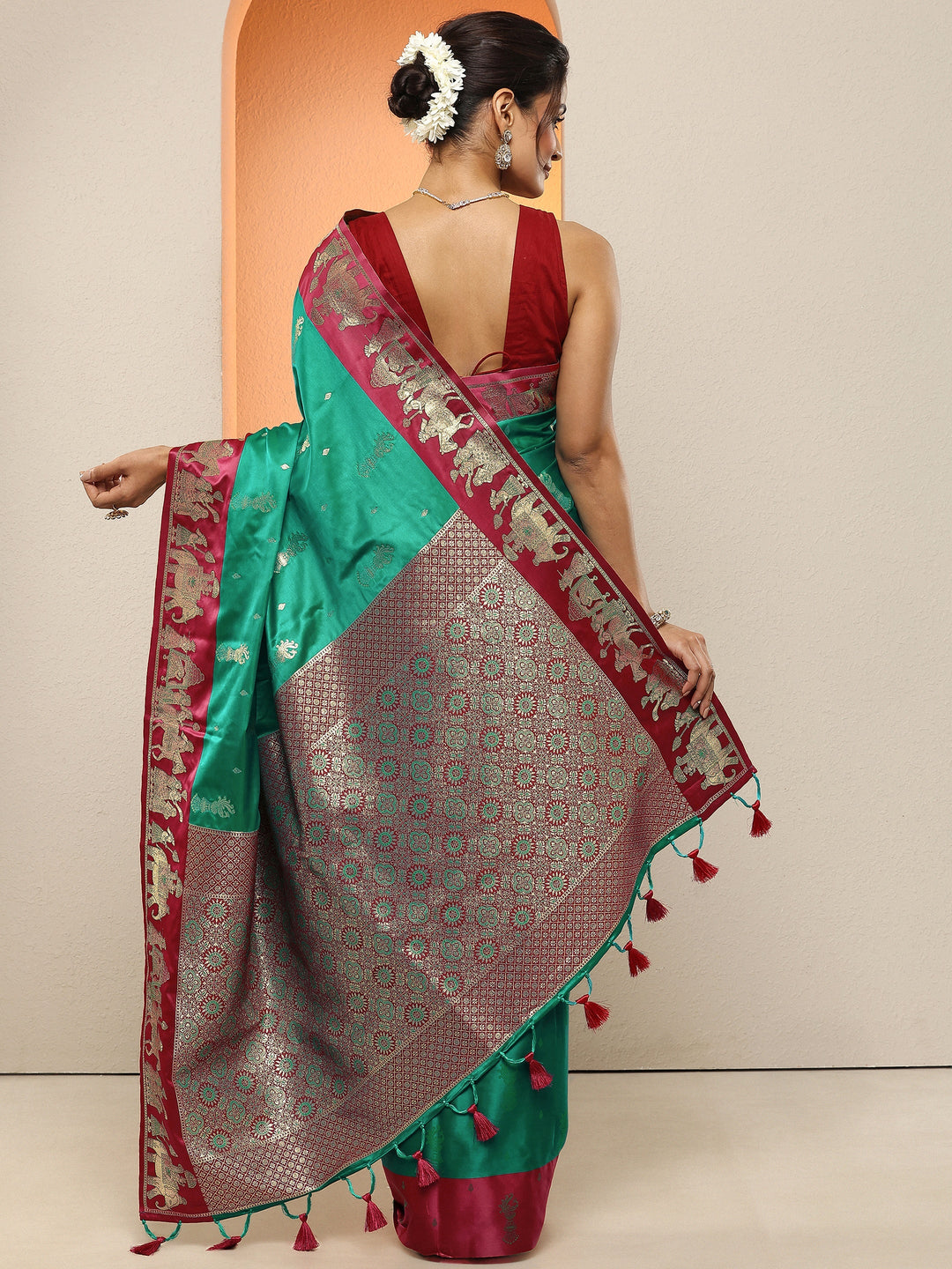 Green Woven Design Silk Blend Sarees With Unstitched Blouse Piece 