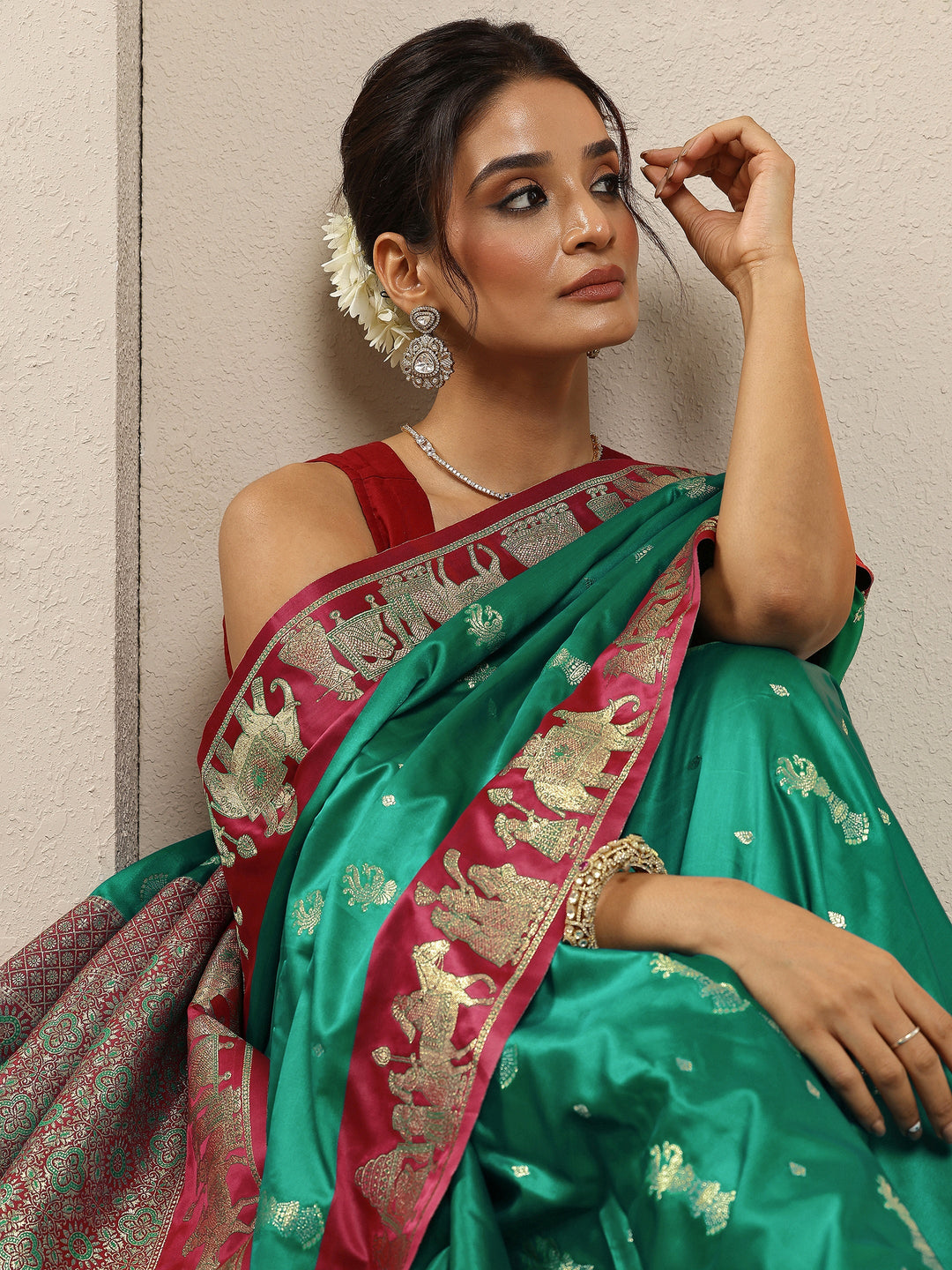 Green Woven Design Silk Blend Sarees With Unstitched Blouse Piece 