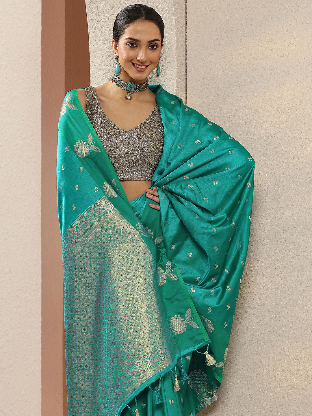  Green Woven Design Silk Blend Sarees With Unstitched Blouse Piece 