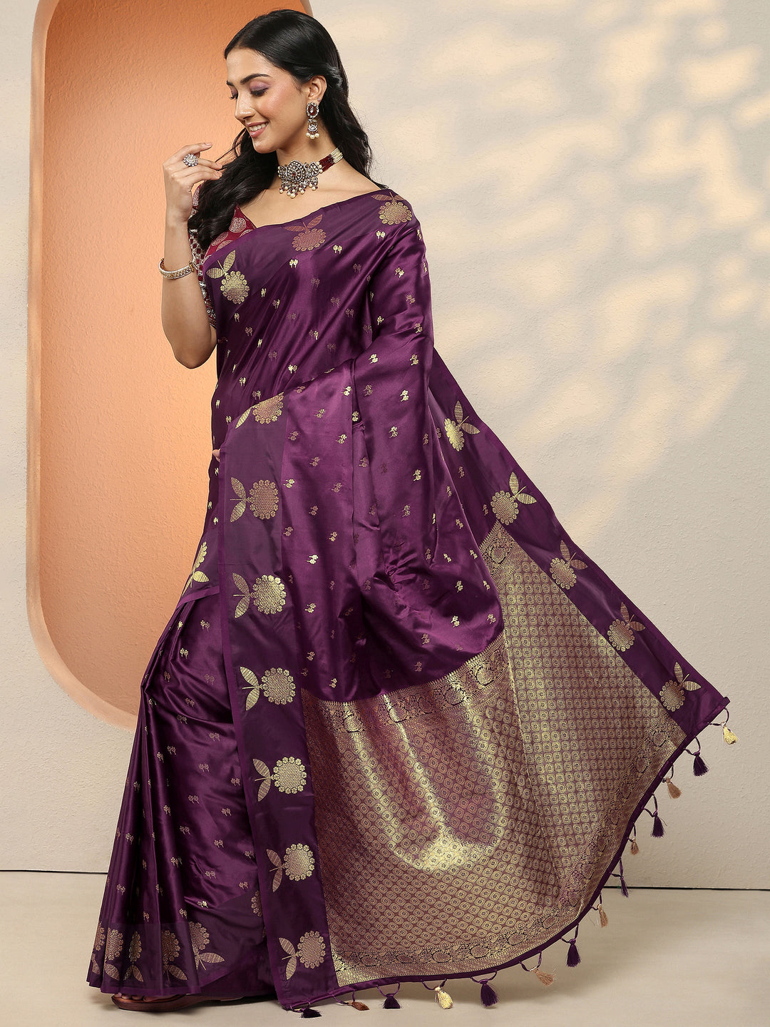  Burgundy Woven Design Silk Blend Sarees With Unstitched Blouse Piece 