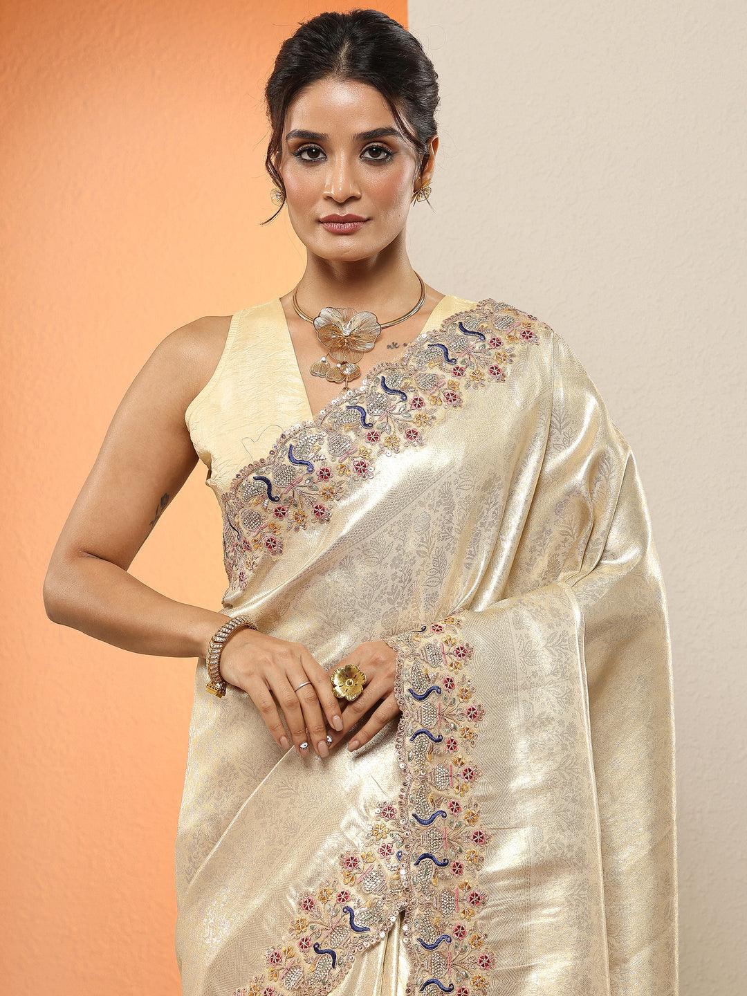  Gold Woven Design Silk Blend Sarees With Unstitched Blouse Piece 
