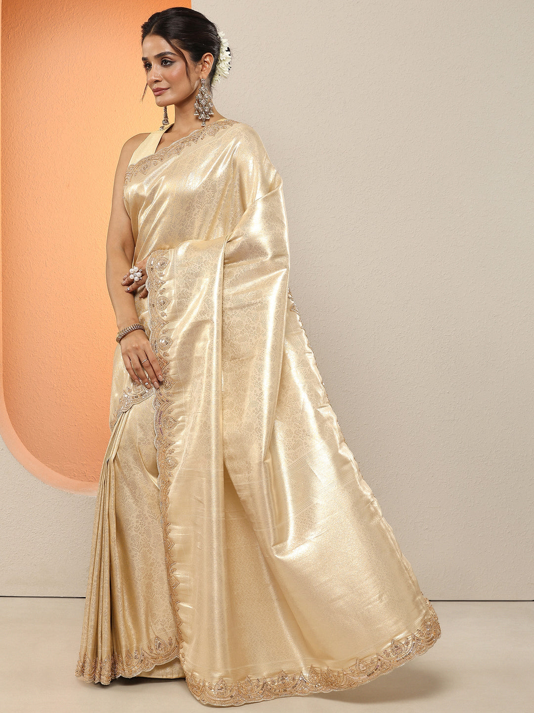  Gold Woven Design Silk Blend Sarees With Unstitched Blouse Piece 