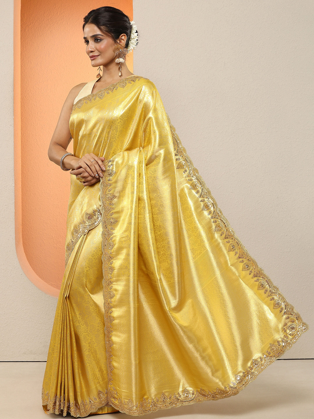  Mustard Woven Design Silk Blend Sarees With Unstitched Blouse Piece 