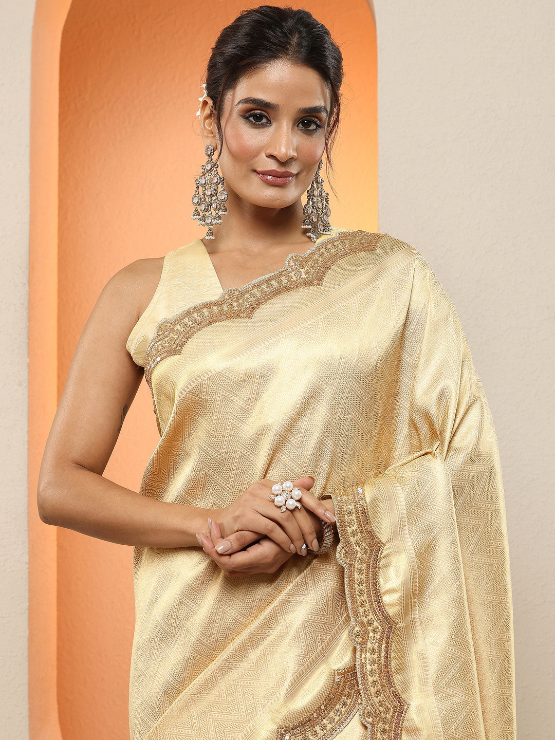  Gold Woven Design Silk Blend Sarees With Unstitched Blouse Piece 