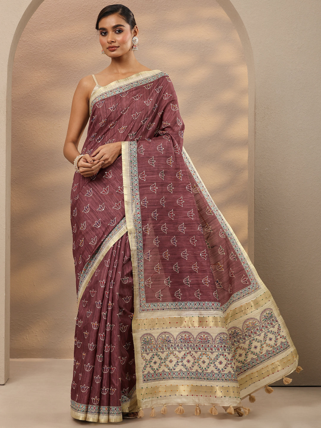  Mauve Printed Silk Blend Saree With Unstitched Blouse Piece 