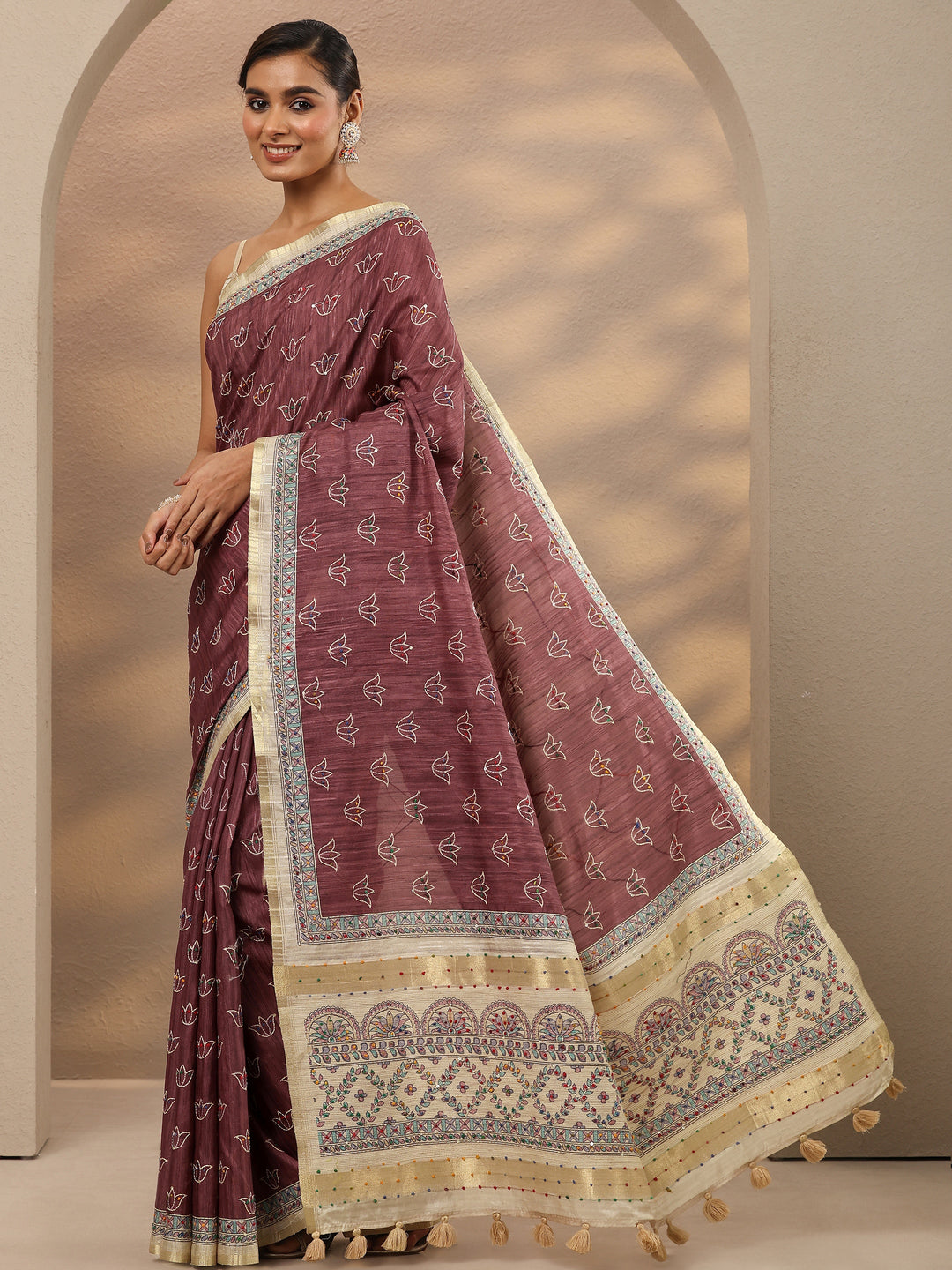  Mauve Printed Silk Blend Saree With Unstitched Blouse Piece 