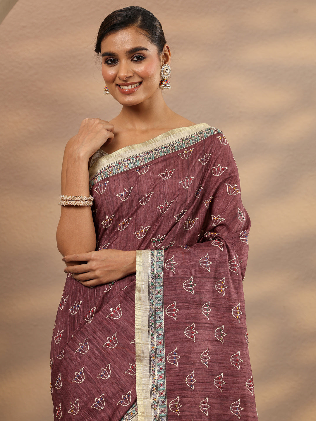  Mauve Printed Silk Blend Saree With Unstitched Blouse Piece 