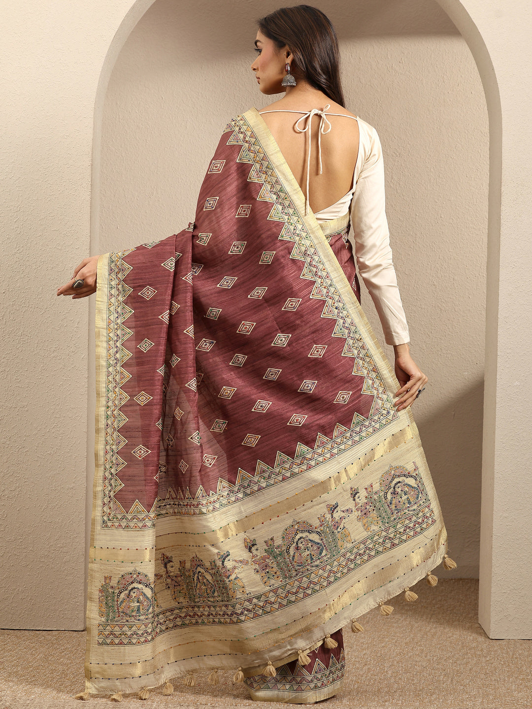  Mauve Printed Silk Blend Saree With Unstitched Blouse Piece 