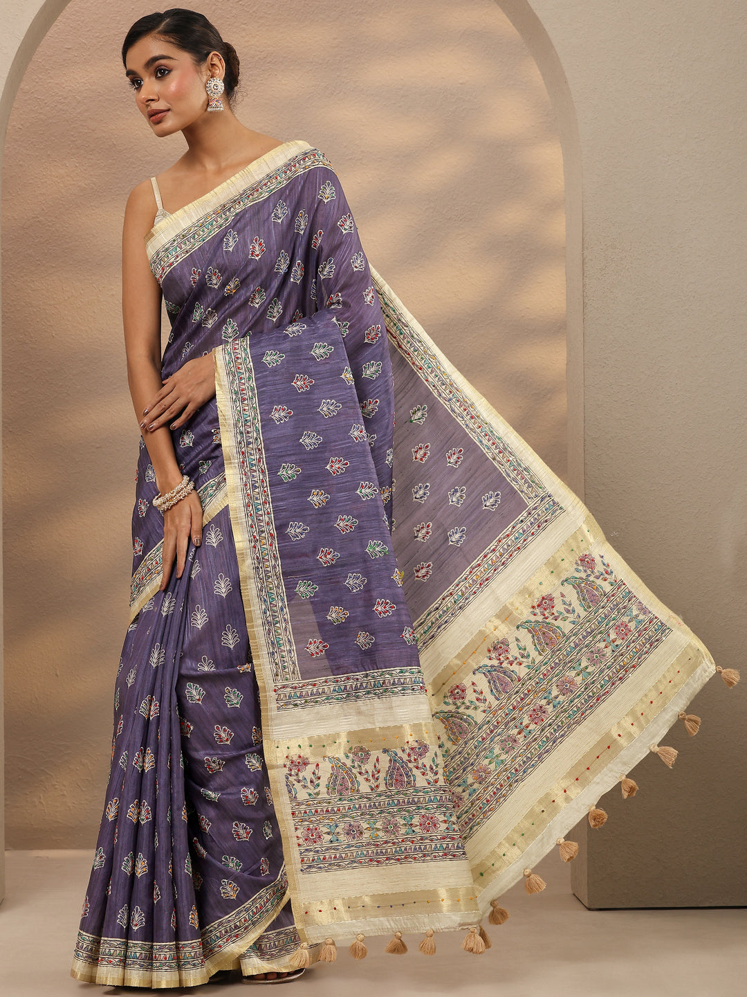  Lavender Printed Silk Blend Saree With Unstitched Blouse Piece 